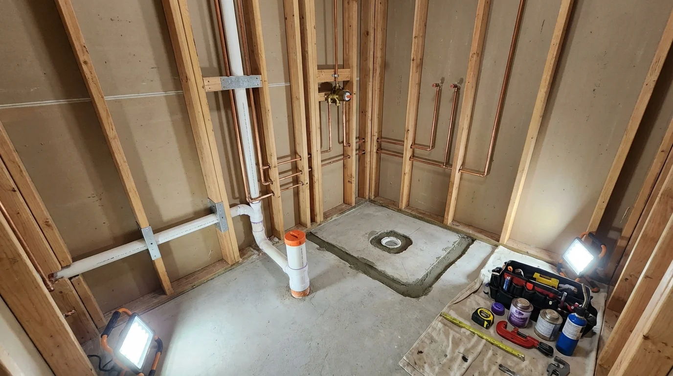 Bathroom rough-in plumbing during remodel by Johns Plumbing LLC in Wilburton