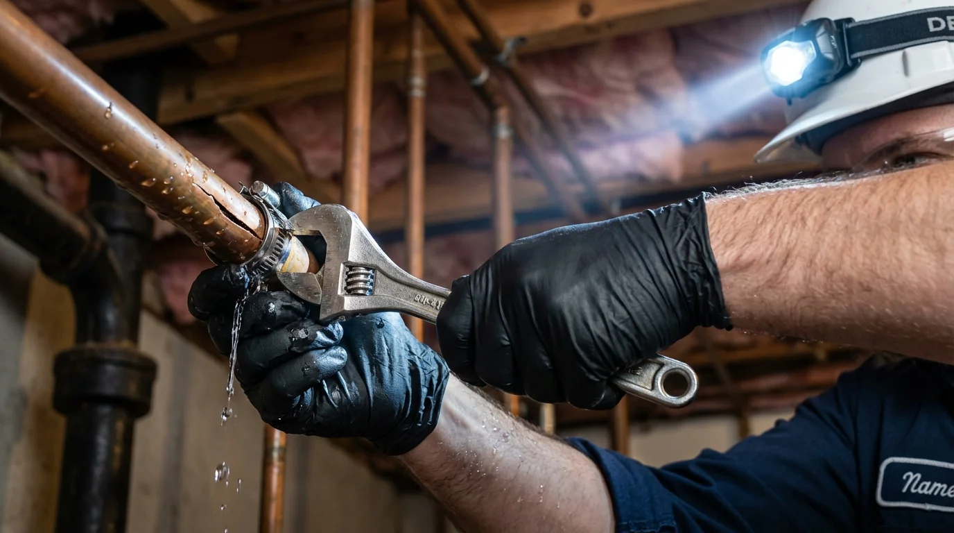 Emergency pipe clamp repair being performed by a Johns Plumbing LLC plumber in Wilburton