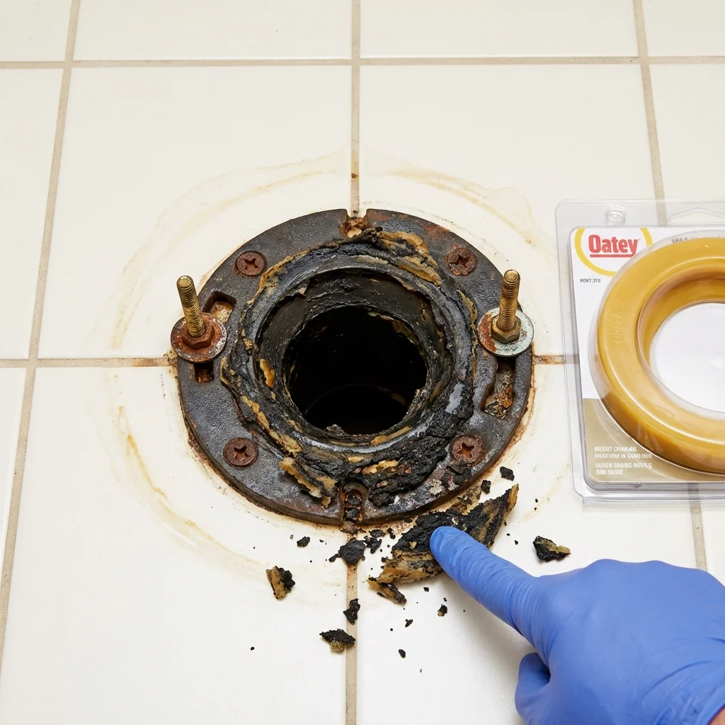 Failed wax ring showing water seepage at the base of a toilet in a Wilburton, OK home