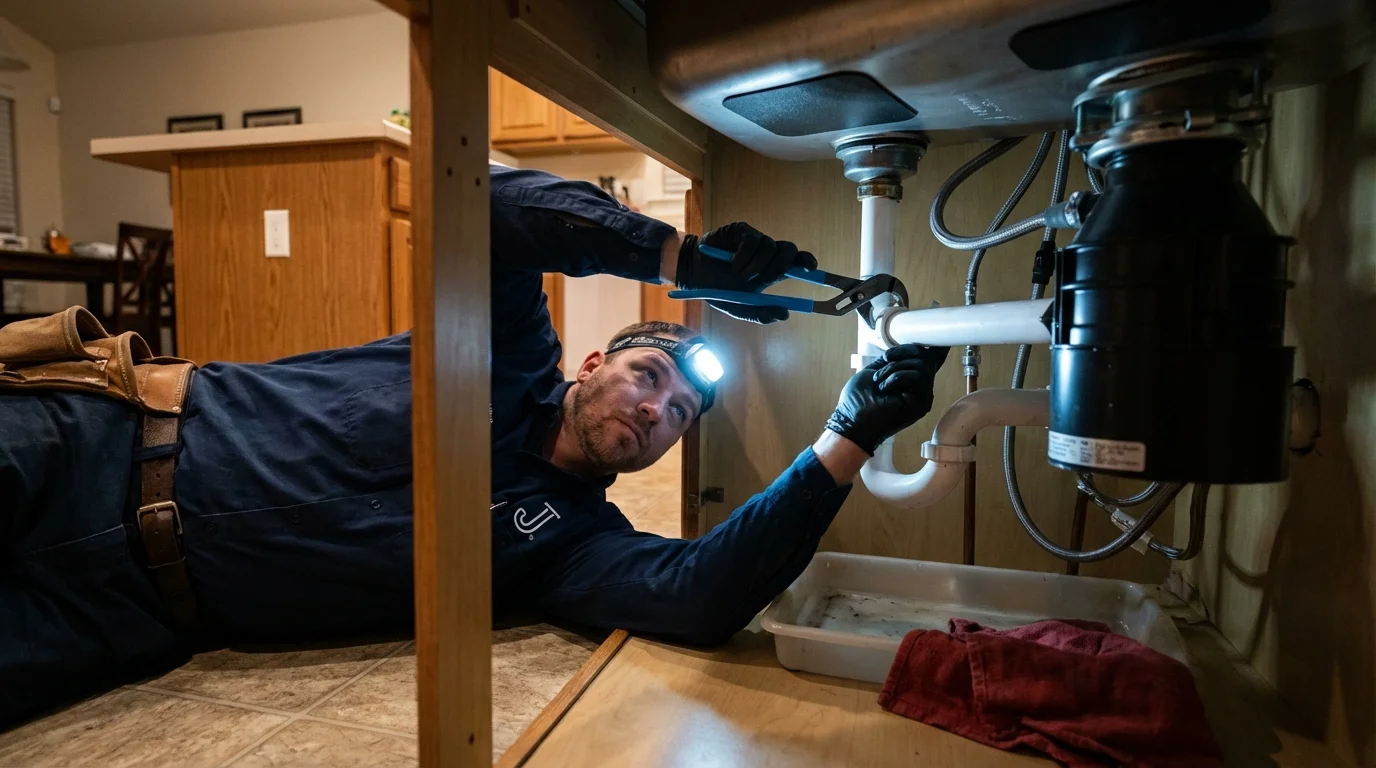 P-trap and supply line connections under a kitchen sink showing a common leak point in Wilburton, OK